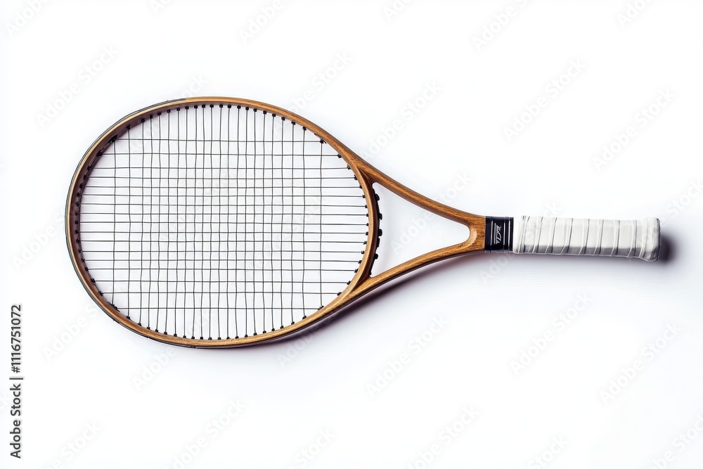The wooden tennis racket features an intricate design with a white grip and is positioned flat against a plain background, highlighting its classic aesthetic and age.