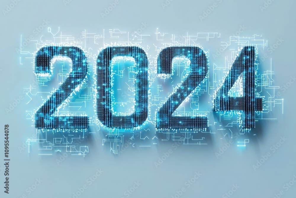 The year 2024 is displayed in bold, glowing digits, surrounded by intricate digital patterns and circuitry. This symbolizes innovation and advancement in technology for the upcoming year.