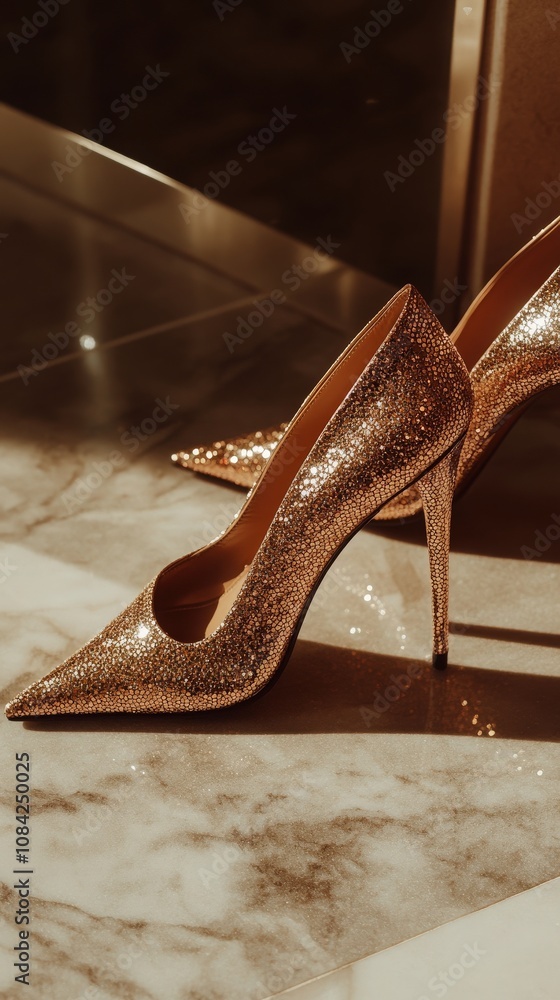 These luxurious high heels, sparkling with diamonds, are showcased against a marble floor, emphasizing their elegance and opulence. Perfect for a sophisticated occasion or event.