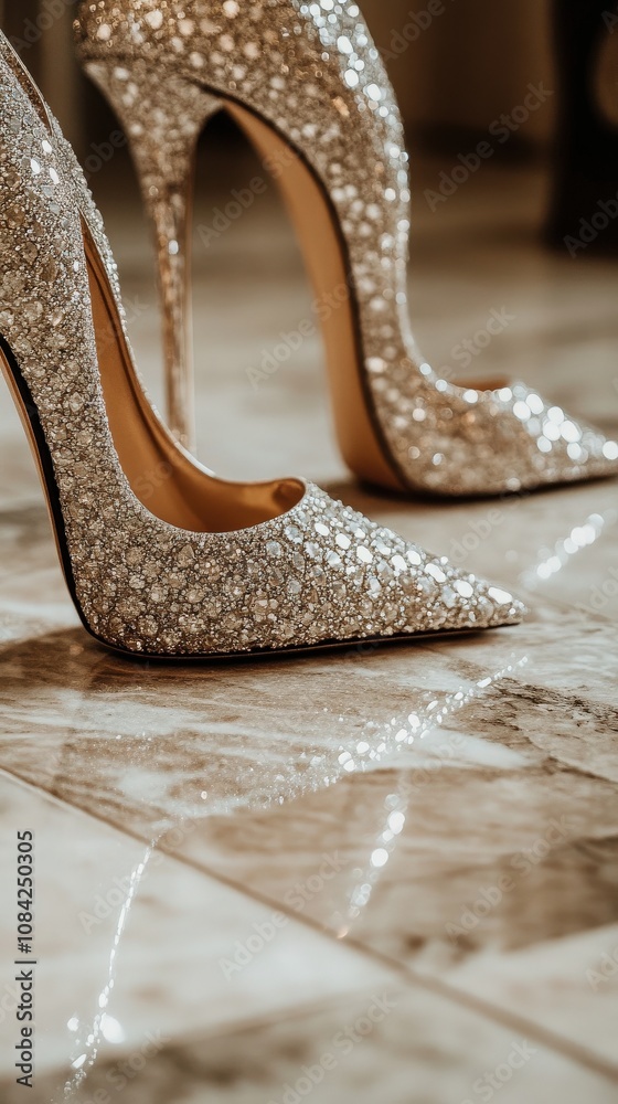 These stunning high heels, embellished with sparkling diamonds, elegantly rest on a polished marble floor. The shimmering details catch the light, showcasing their luxurious design.