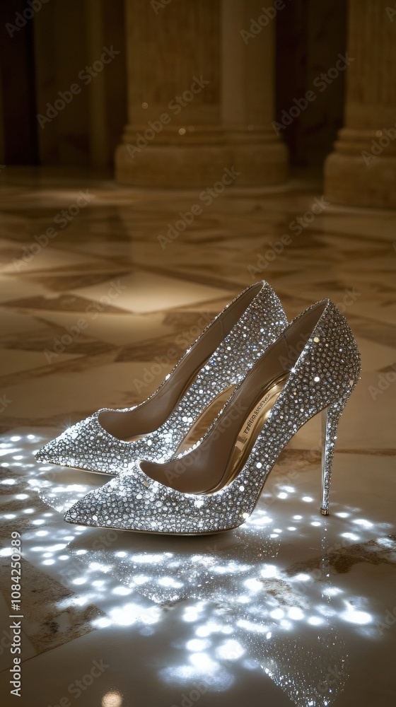 These stunning high heels glitter with an array of diamonds, casting light patterns on the polished floor, perfect for a formal occasion. Their elegant design emphasizes luxury and sophistication.