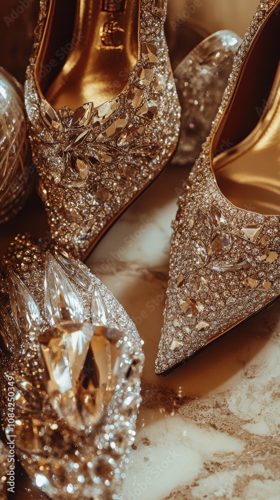 These stunning high heels showcase an exquisite design featuring intricate diamond embellishments. They are placed elegantly on a polished marble surface, exuding glamour and luxury.