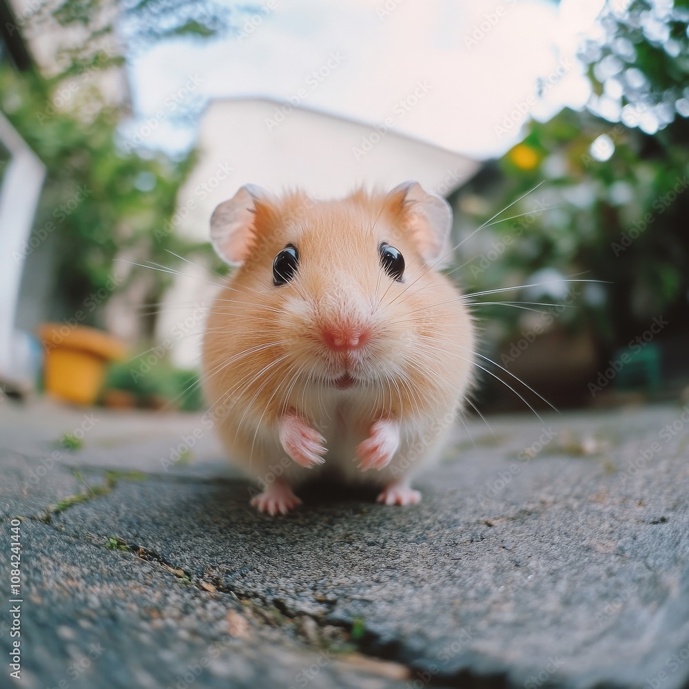 This adorable hamster scuttles along the garden path, its tiny paws moving carefully as it investigates the surroundings. The bright outdoor setting adds charm to its playful demeanor.