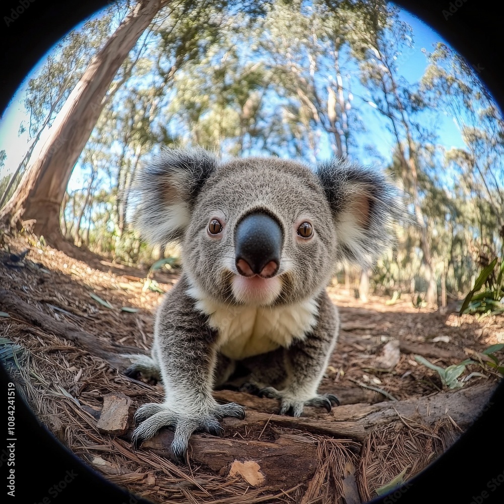 This adorable koala curiously walks through its lush, green environment in Australia, showcasing its slow and gentle nature among the trees. The calm atmosphere highlights its cuteness.