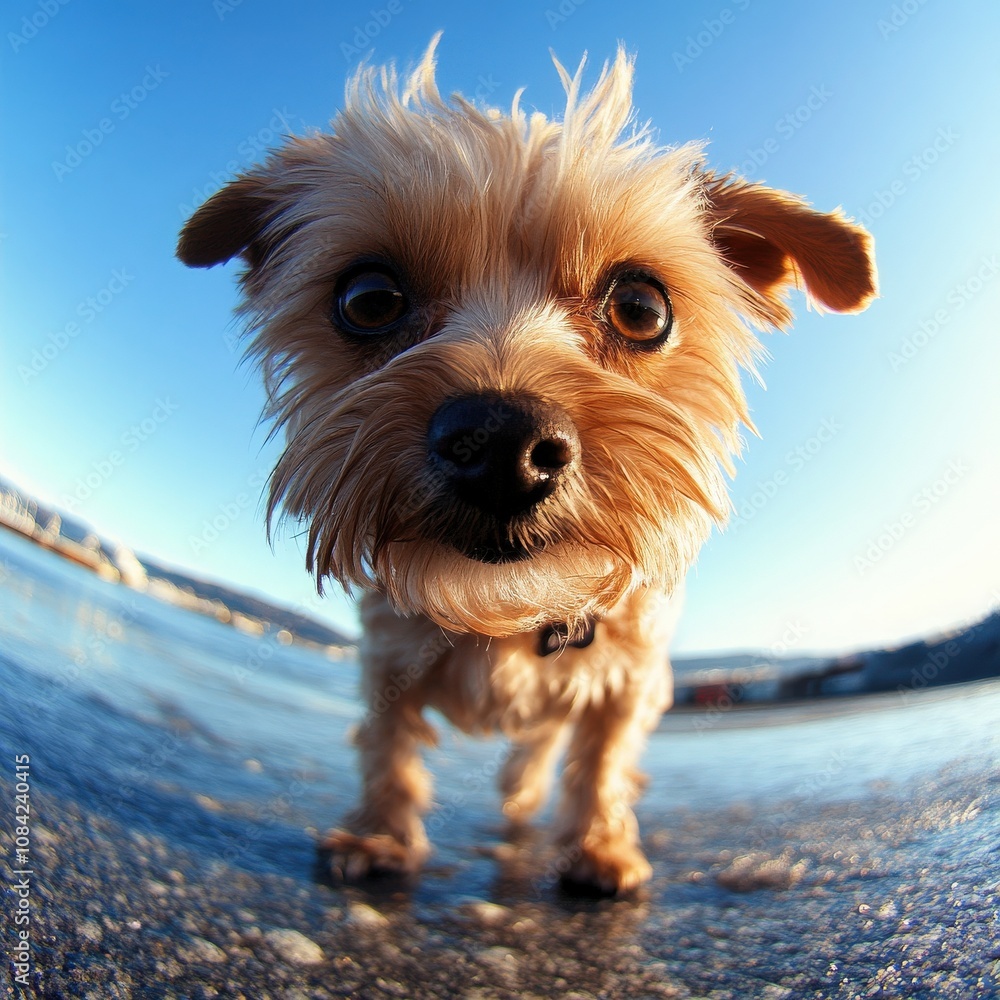 This adorable little dog roams a sunny beach, curiously sniffing around while the gentle ocean waves lap at the shore. Its a perfect day filled with warm sunlight and clear skies.