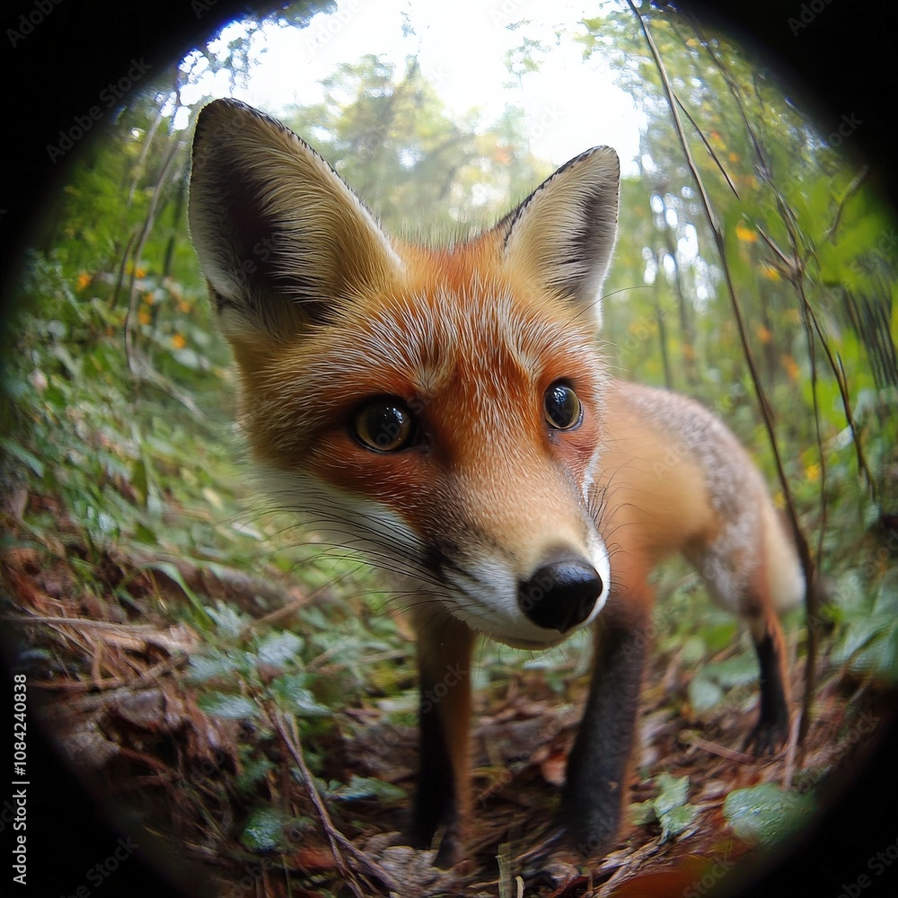 This adorable little fox stands inquisitively in the lush forest, surrounded by greenery. Its gentle demeanor and soft fur convey a sense of tranquility in the vibrant setting.