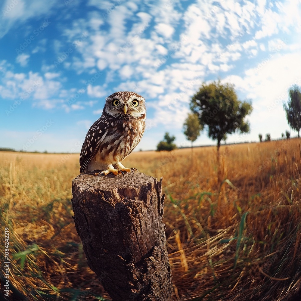 This adorable little owl sits on a wooden stump with a beautiful clear sky overhead. The surroundings feature tall grass and sparse trees, creating a tranquil daytime atmosphere.