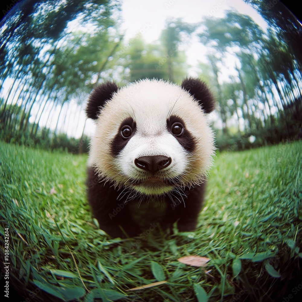 This adorable little panda moves slowly across the vibrant grass, curiously exploring its lush environment while surrounded by tall trees on a calm afternoon.