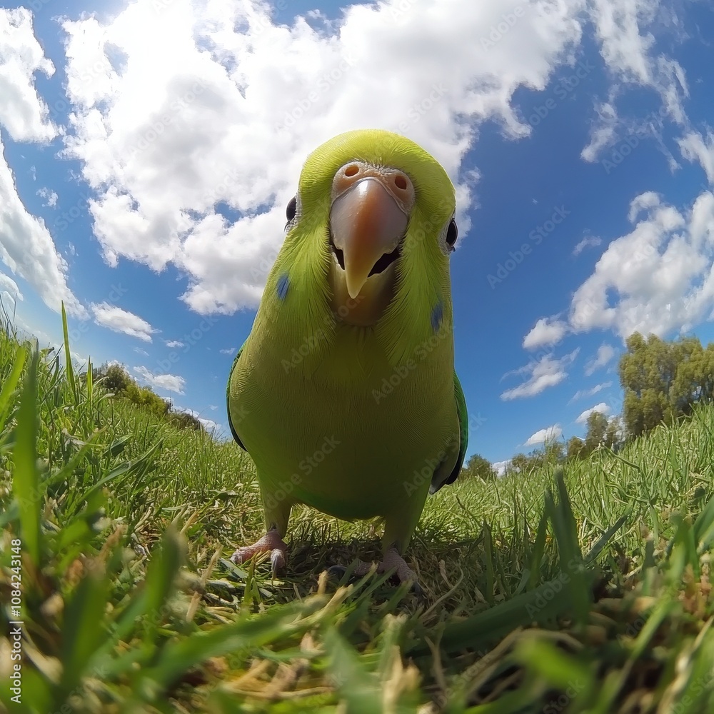 This adorable little parrot is seen curiously walking through a bright green field on a sunny day. Fluffy clouds drift by in the vibrant blue sky, creating a peaceful atmosphere.