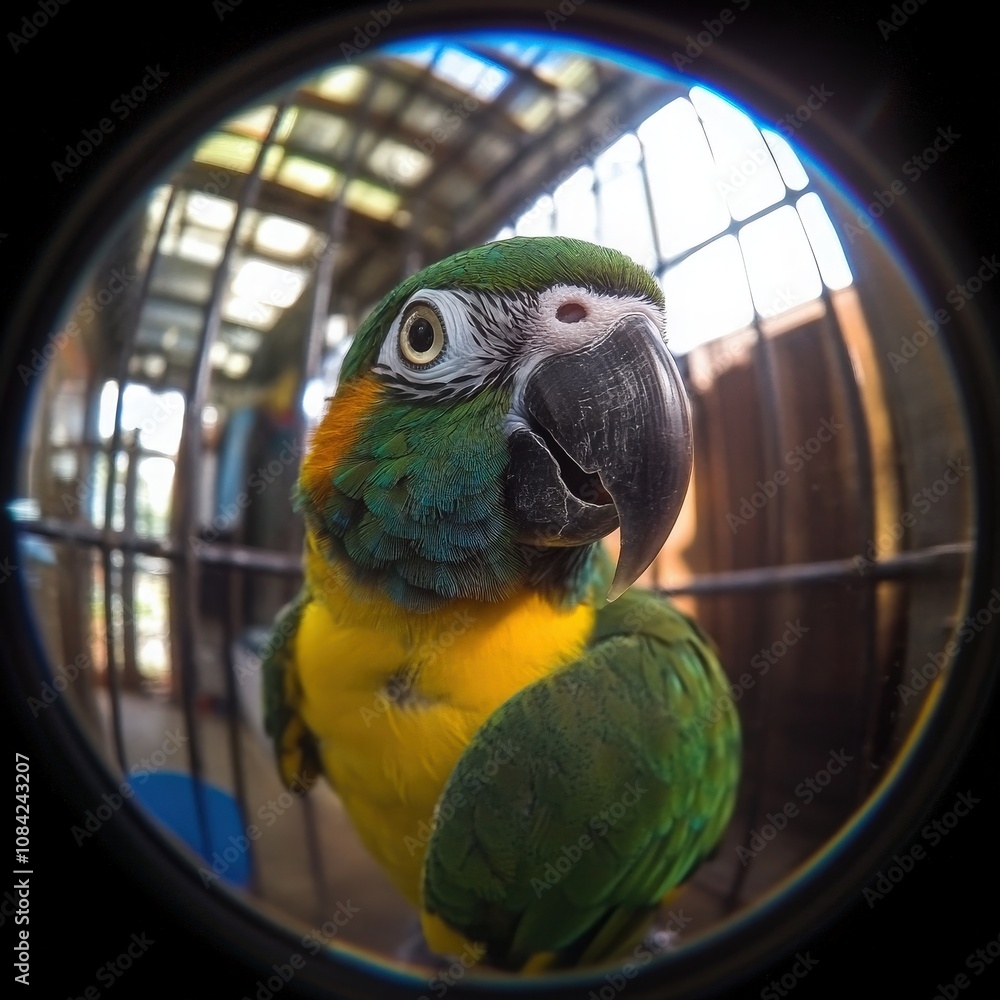 This adorable little parrot moves slowly within its cage, showcasing vibrant green and yellow feathers. Its curious gaze captures the viewers attention in a comfortable setting.