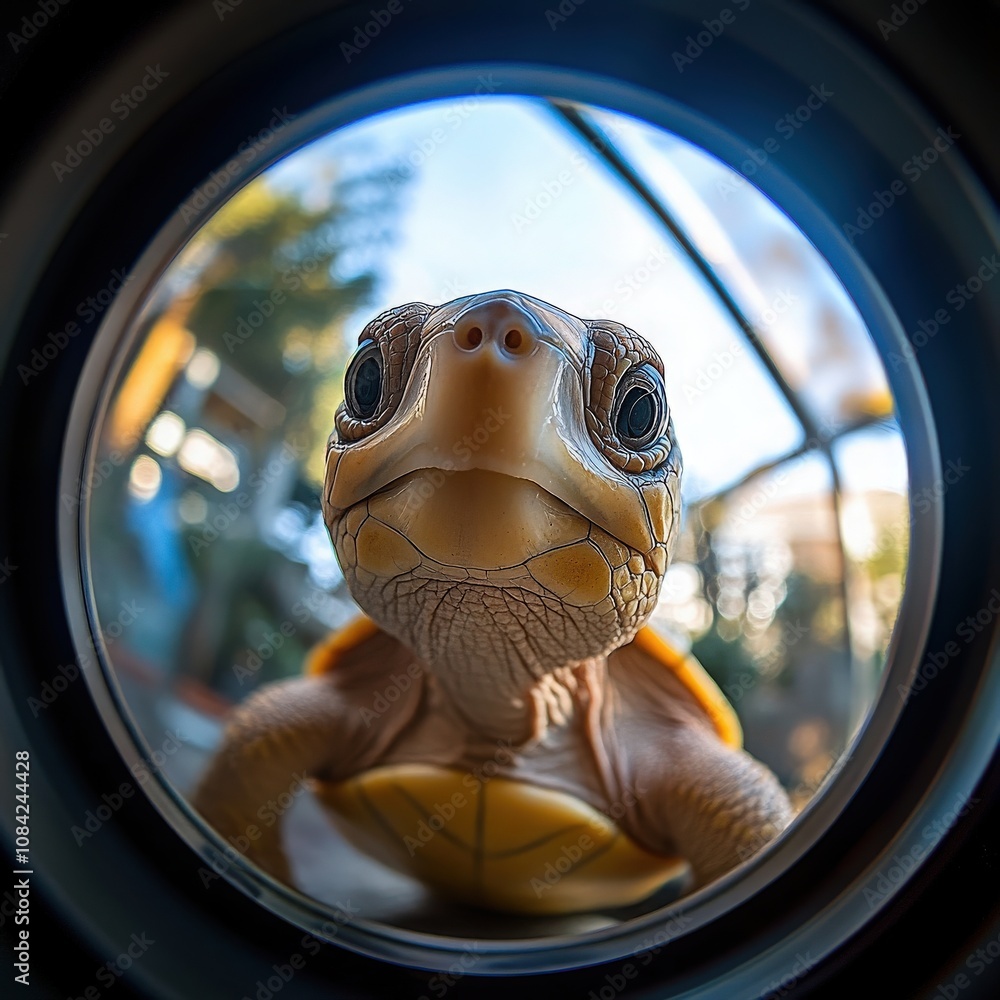 This adorable little turtle moves slowly as it explores its sunny environment, capturing attention with its gentle curiosity. The light reflects beautifully on its smooth shell.