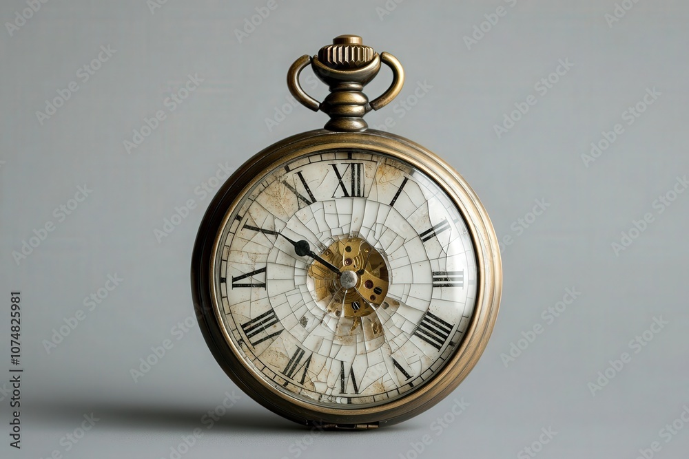 This antique pocket watch features a cracked glass face that reveals its intricate inner mechanics. The brass casing and detailed Roman numerals highlight its vintage appeal and craftsmanship.