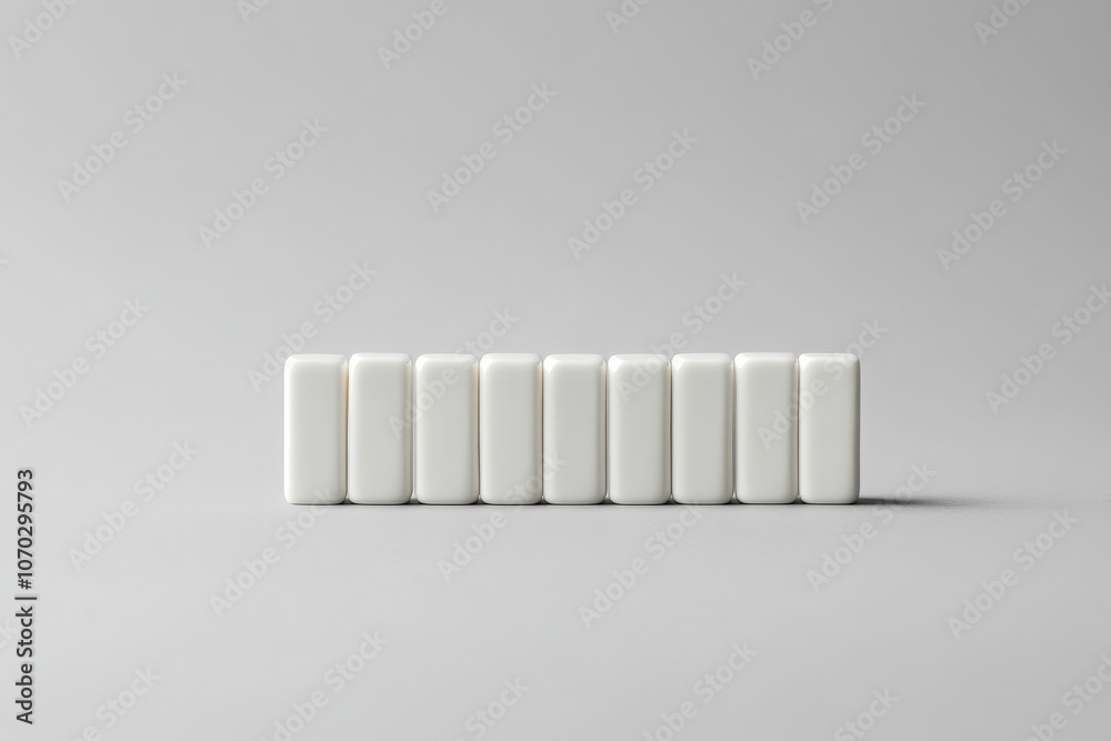 This arrangement features a series of perfectly aligned white dominoes on a smooth, neutral surface, signaling readiness for an engaging game or activity focusing on strategy and skill.