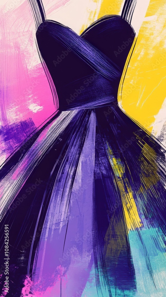 This artistic illustration features a vintage haute couture dress design.