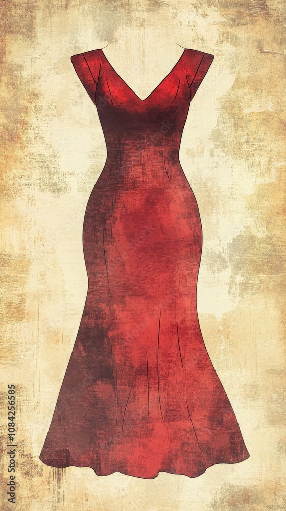 This artistic sketch showcases a stunning red evening gown featuring a flattering V-neck and a graceful flared hem. The exquisite design highlights timeless elegance in fashion.