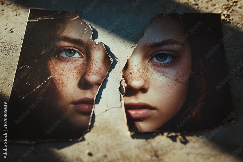 This artwork depicts a torn photograph showing two separated faces with striking blue eyes and freckles. The fractured image lies on a textured, shadowy surface, evoking a sense of disconnection.