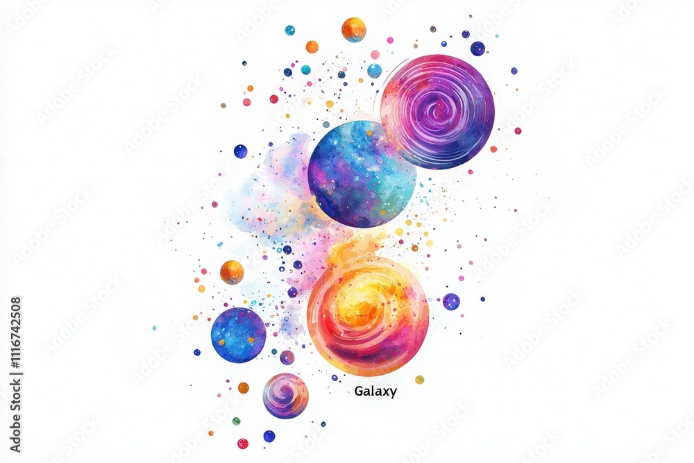 This artwork depicts a vibrant galaxy with swirling planets surrounded by colorful cosmic dust. The planets exhibit shades of blue, purple, and orange, creating a captivating celestial scene.