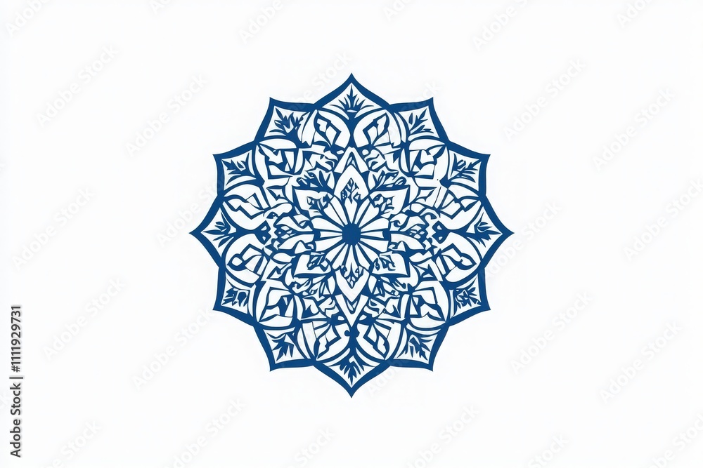 This artwork features a complex blue mandala design with intricate geometric patterns and floral motifs, representing harmony and balance. It highlights the beauty of symmetry and artistry.