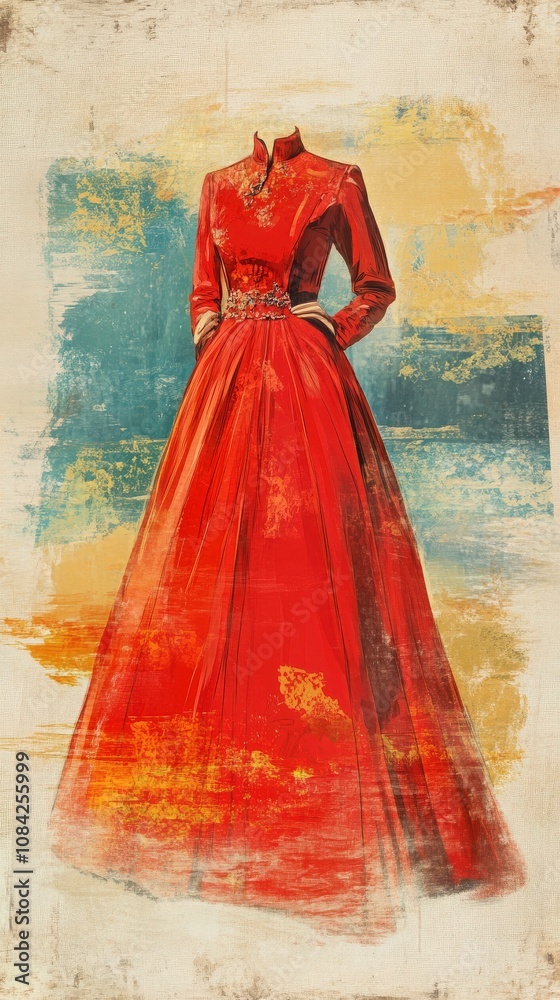 This artwork features a vintage haute couture gown in vibrant red, showcasing elegant design elements typical of early 20th century fashion.