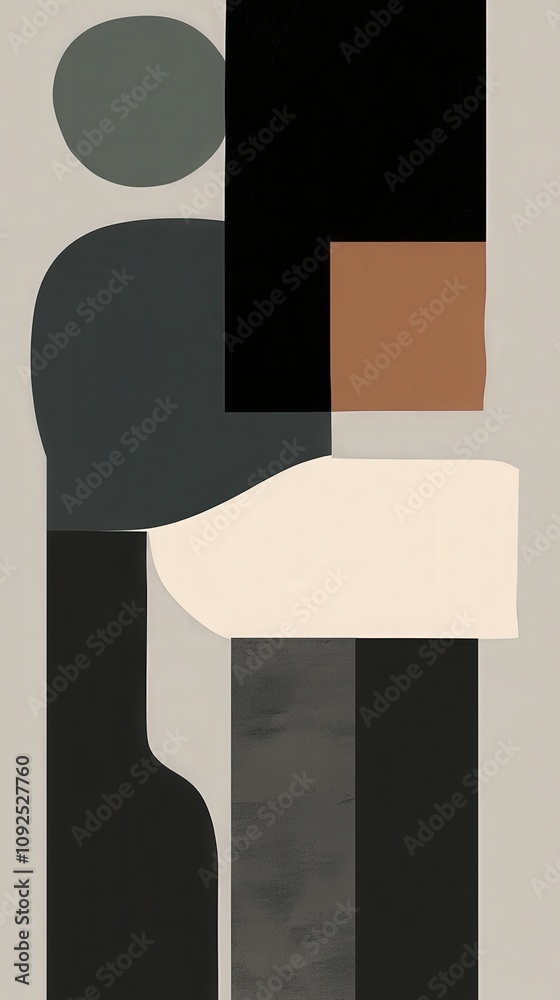 This artwork features abstract figures composed of geometric shapes and muted colors. The design showcases a harmonious blend of forms that create visual interest and depth.