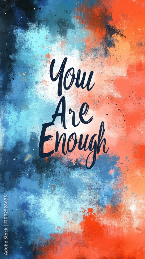 This artwork features the words You Are Enough prominently displayed against a colorful backdrop of blues, reds, and oranges, creating a motivational message for viewers.