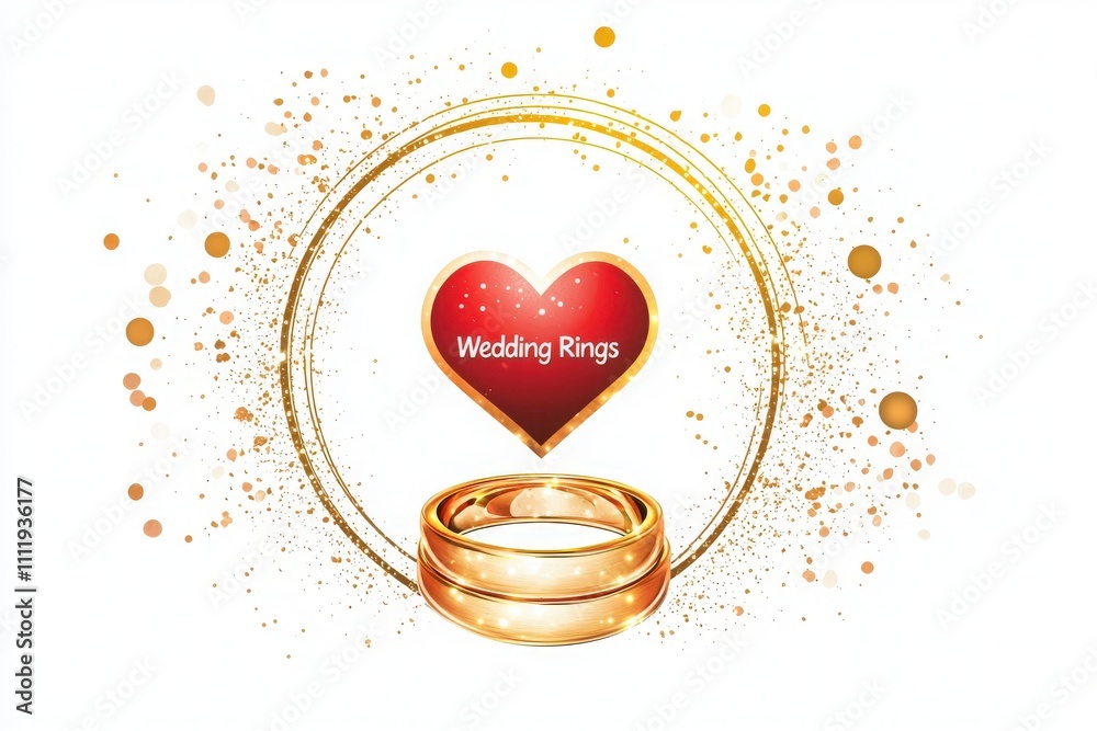 This artwork features two gold wedding rings set against a vibrant heart background. Sparkling elements surround the heart, enhancing the theme of love and unity.