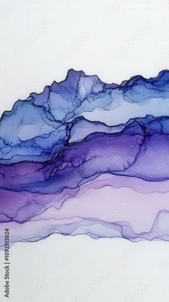 This artwork showcases a blend of blue and purple watercolors flowing and merging in graceful shapes. The soft lines create a serene visual experience, emphasizing depth and tranquility.