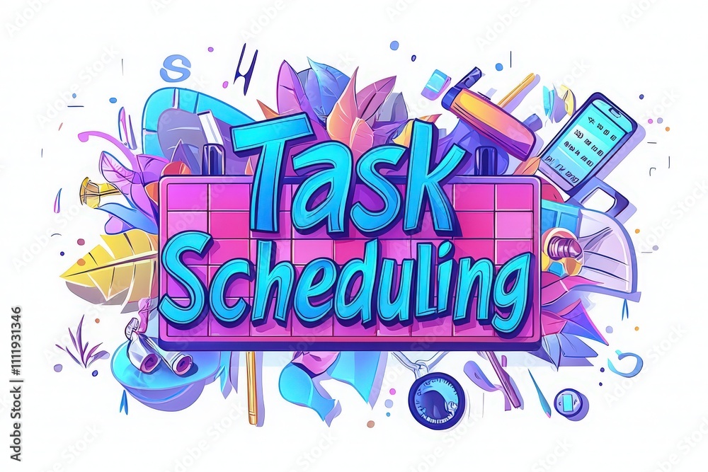 This artwork showcases a colorful task scheduling theme featuring various productivity tools like pens, notebooks, and a mobile device. It emphasizes organization and time management in daily tasks.
