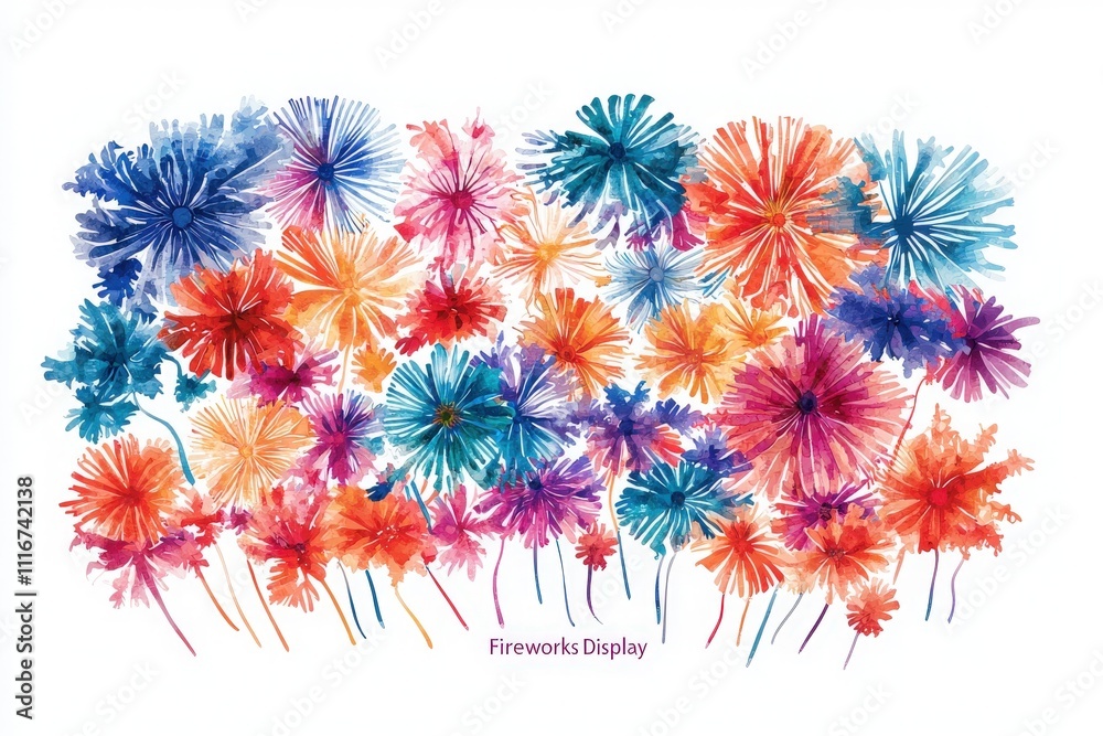 This artwork showcases a lively fireworks display created with vibrant colors resembling flowers.
