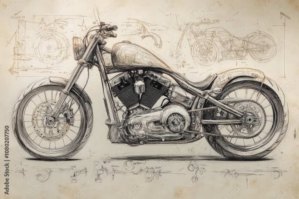 This artwork showcases a meticulous technical sketch of a motorcycle, featuring detailed annotations and design elements for an innovative motorcycle build.