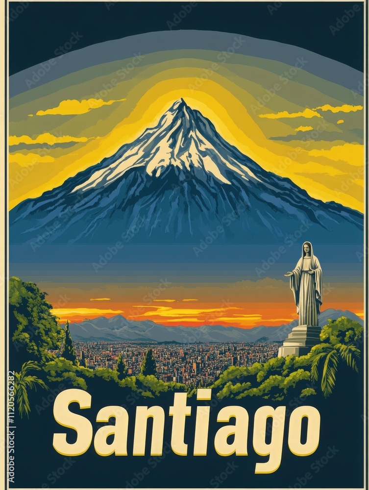 This artwork showcases the stunning Andes mountains towering over Santiago. A statue watches over the city at sunset, creating a picturesque view capturing the regions beauty and culture.