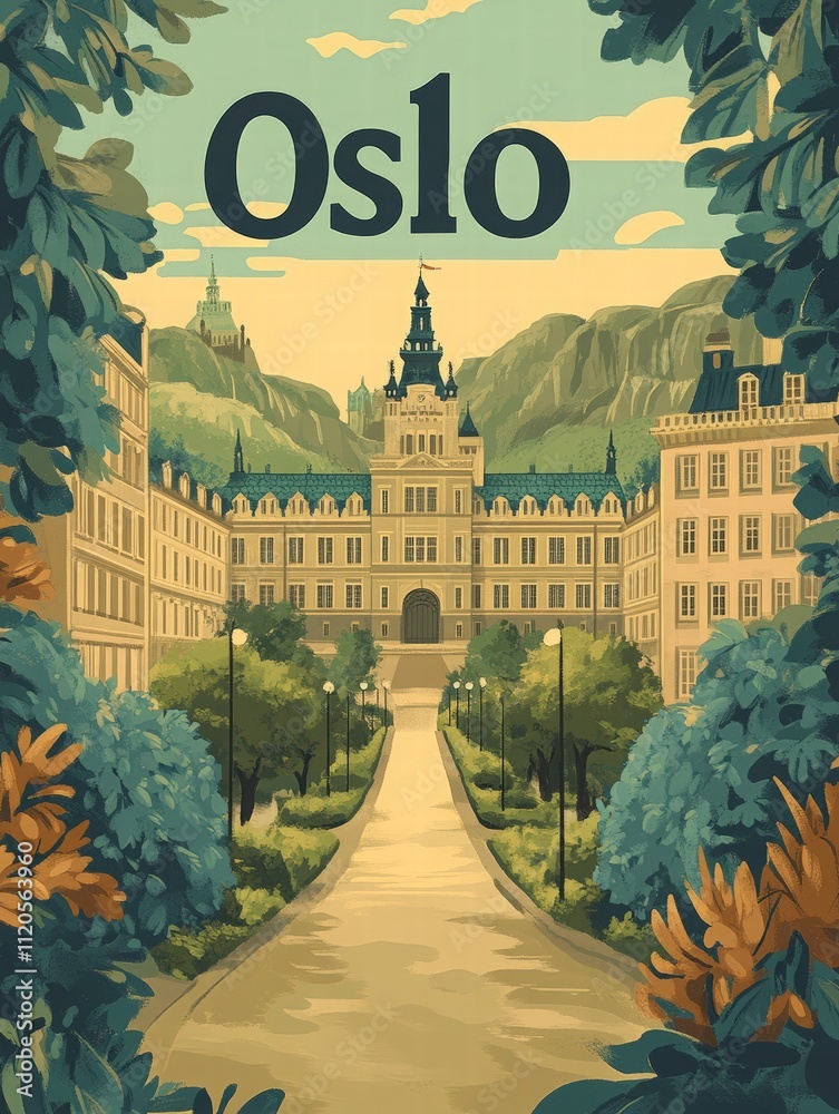 This artwork showcases the stunning architecture of Oslo, featuring elegant buildings surrounded by vibrant greenery and well-maintained pathways, inviting exploration and appreciation of the city.