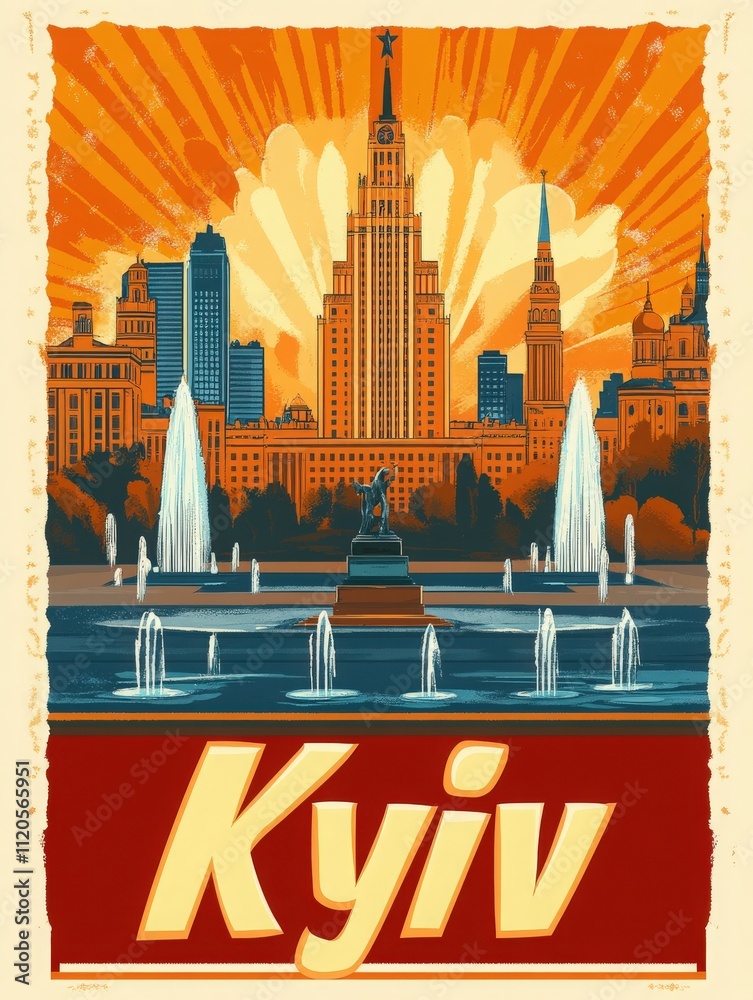 This artwork showcases the stunning skyline of Kyiv, highlighting its historic architecture and dynamic fountains against a warm sunset. The colors evoke a lively atmosphere.