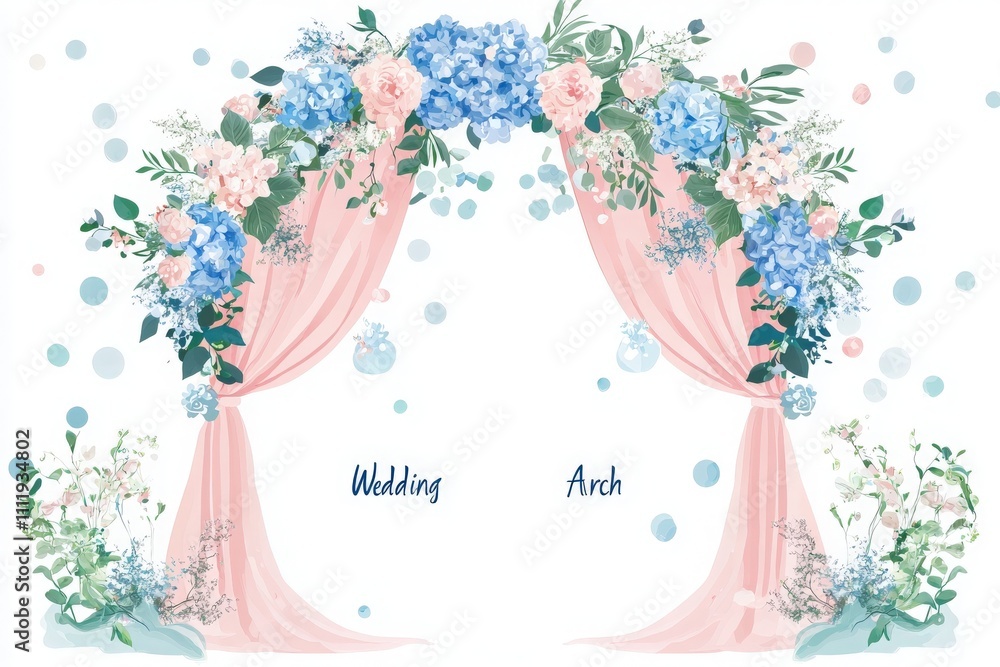 This beautifully designed wedding arch features soft pink drapes and a variety of pastel flowers like hydrangeas and roses. Perfect for outdoor ceremonies or festive occasions.