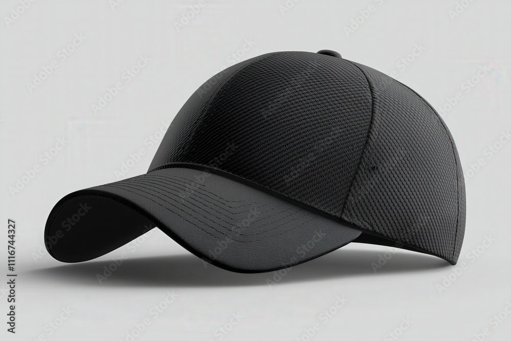 This black baseball cap features a textured fabric design, showcasing its simple yet stylish appearance. Positioned on a light background, it highlights the caps overall form and detailing.
