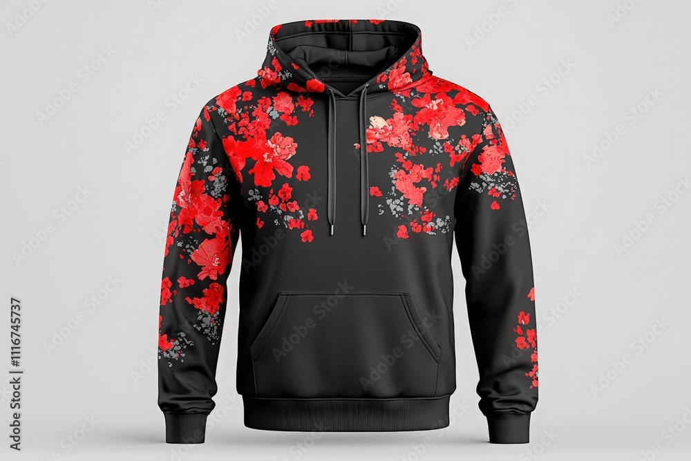 This black hoodie features a vibrant red floral pattern, blending elegant aesthetics with casual wear. Perfect for a trendy look during autumn outings or relaxed gatherings.
