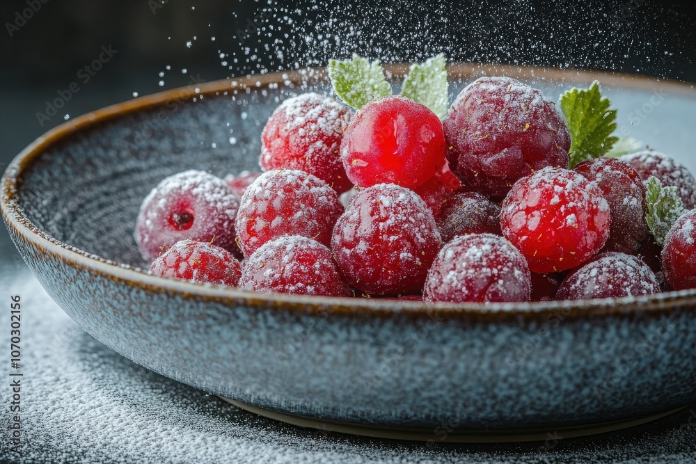 This bowl is filled with vibrant fresh berries, including strawberries, raspberries, and cherries, all dusted with powdered sugar and accented with mint leaves, perfect for a healthy treat.