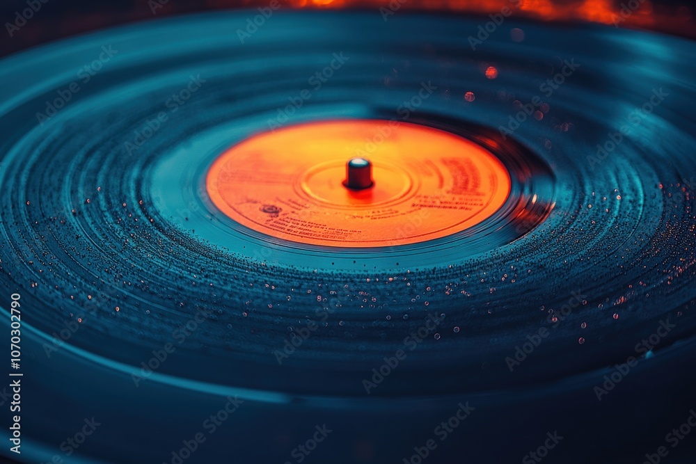 This captivating view reveals the intricate details and grooves of a classic vinyl record. The warm orange center contrasts beautifully with the dark outer rim, evoking a nostalgic atmosphere.