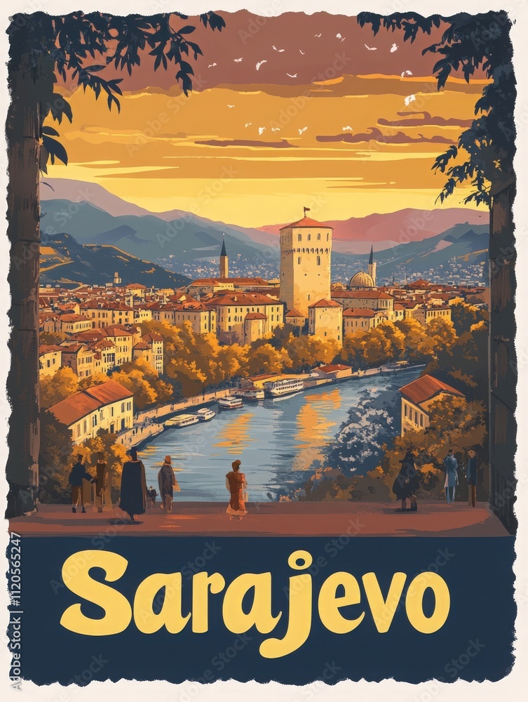This captivating view showcases the city of Sarajevo during sunset. The soft colors highlight historic buildings, serene water, and the surrounding mountains, capturing the citys charm.