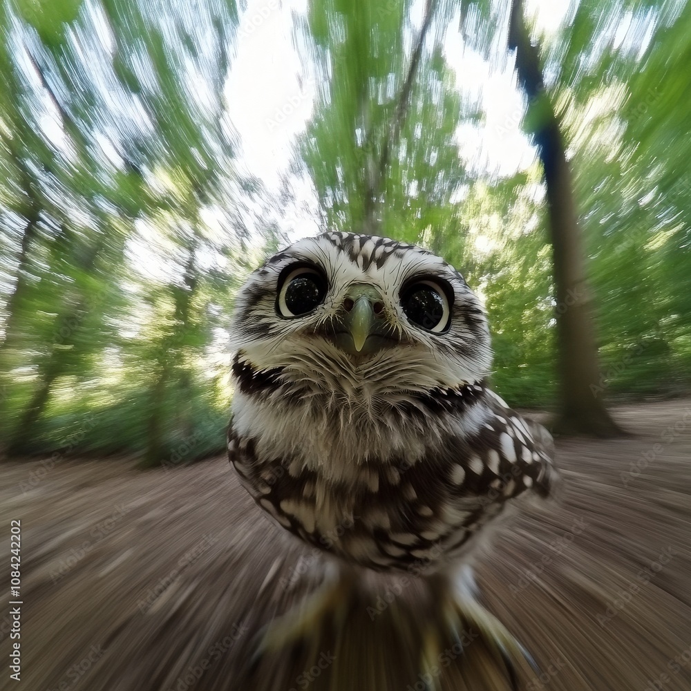 This charming little owl explores its forest habitat, showcasing slow movements and a curious demeanor. Surrounded by greenery, it captivates with its big eyes and spotted feathers.