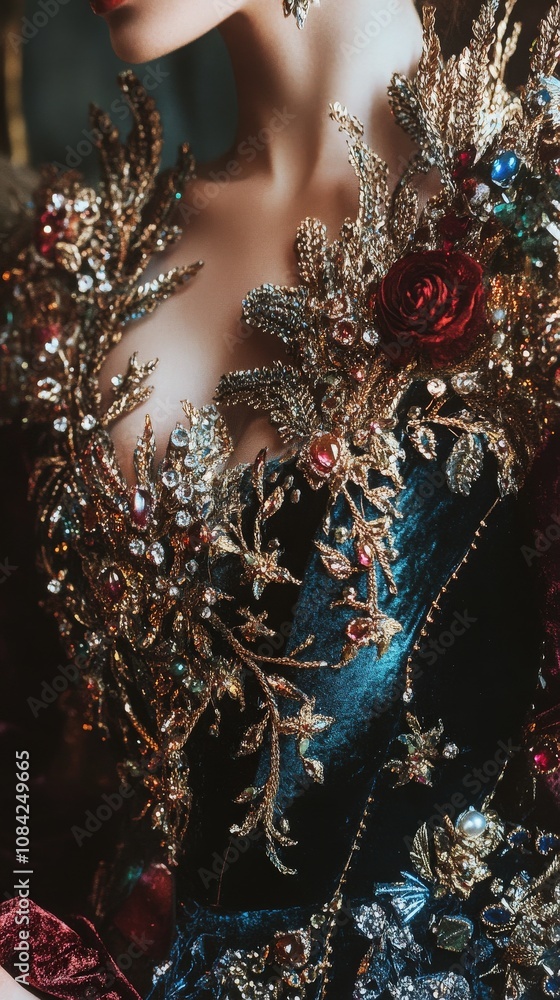 This close-up reveals the stunning details of haute couture fashion featuring intricate embroidery, luxurious fabrics, and vibrant embellishments that capture the essence of opulent design.