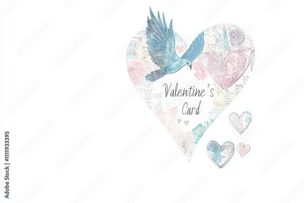This colorful Valentines card showcases an artistic arrangement of hearts and a bird, combining soft pastel colors and delicate details, perfect for expressing love and affection.