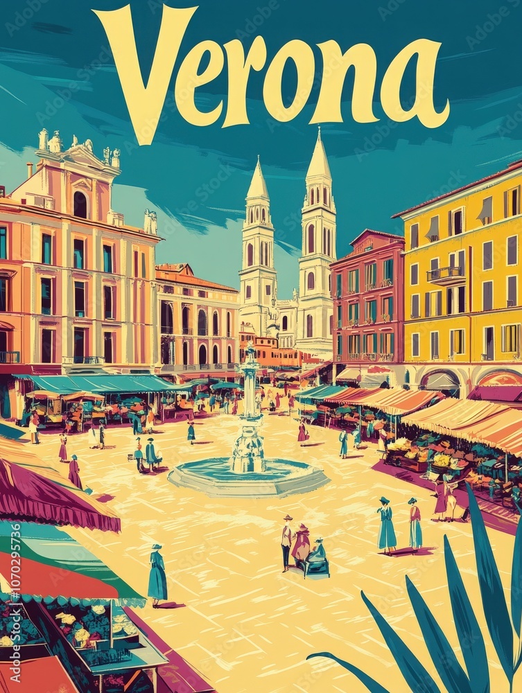 This colorful travel poster captures the essence of Verona, featuring a bustling marketplace filled with people.