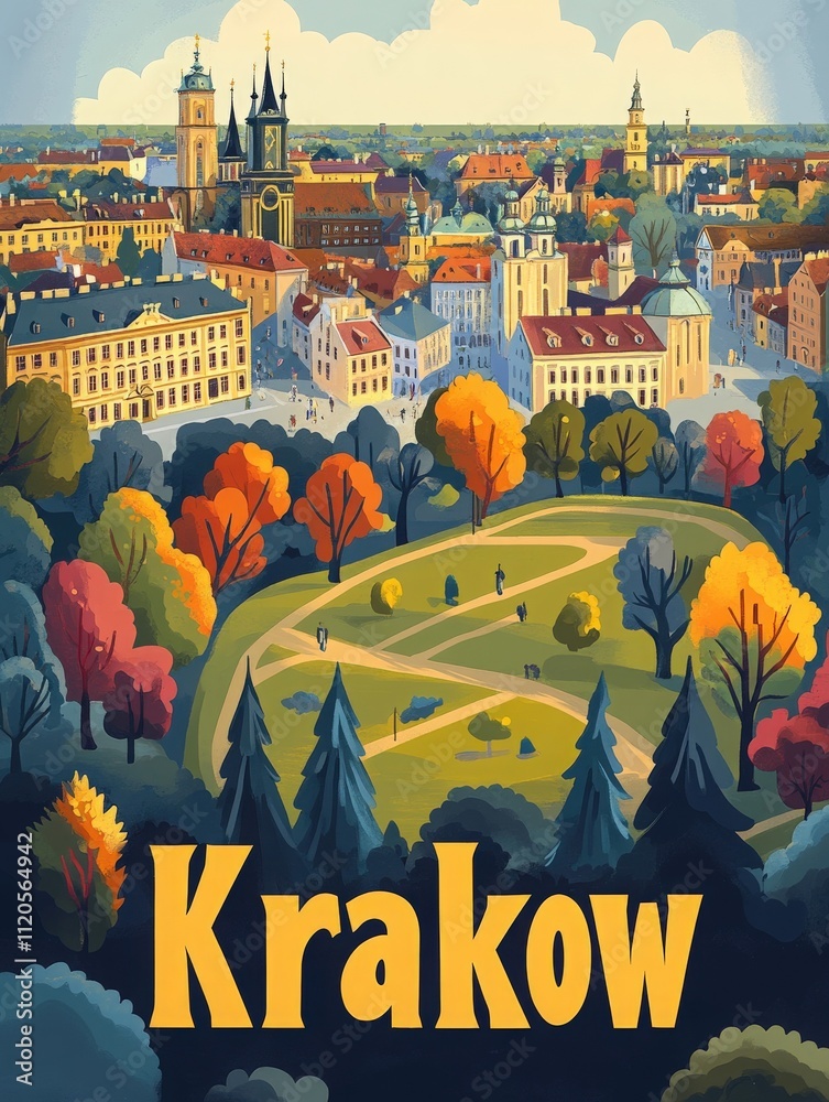 This colorful view of Krakow captures the citys historic buildings amidst beautiful autumn trees. People stroll through a park, enjoying the rich scenery and serene atmosphere.