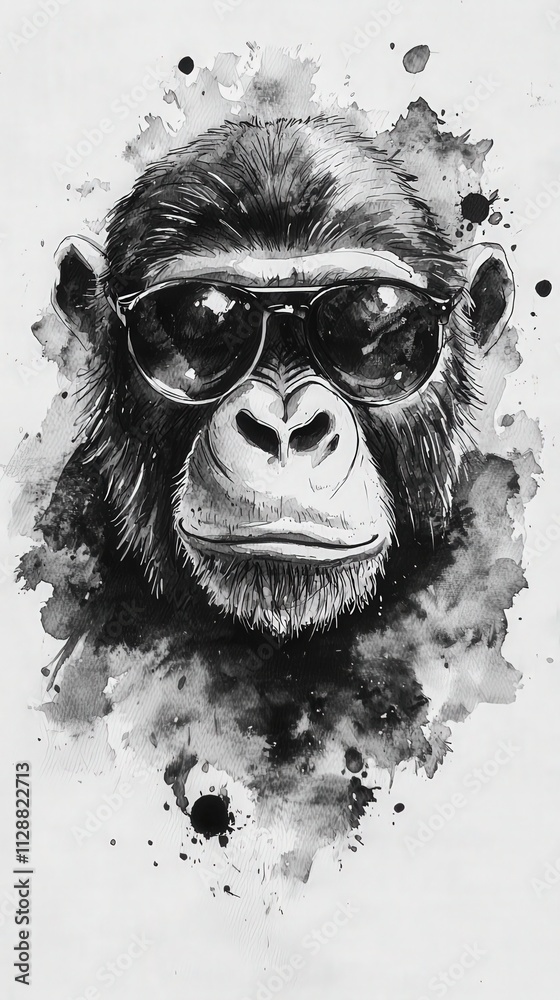 This creative illustration showcases a monkey with sunglasses, exuding a fun and playful vibe. The black and white watercolor effect enhances the artistic flair of the composition.