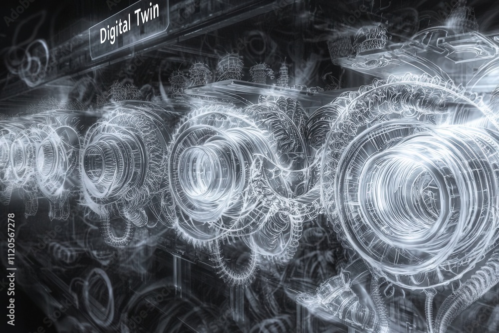 This depiction illustrates the concept of digital twin technology at a high-tech facility. It showcases intricate engine components connecting virtual and physical worlds on a modern backdrop.