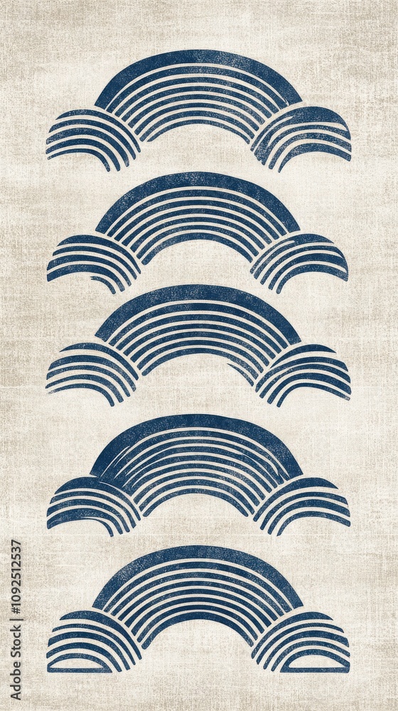 This design features a series of blue arches layered in a stylized pattern against a textured beige background. The vintage aesthetic makes it suitable for modern home decor.