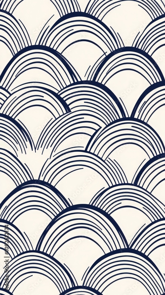 This design features repeating curved wave patterns in navy blue on a cream background. The aesthetic evokes tranquility and can enhance various decor styles or projects.