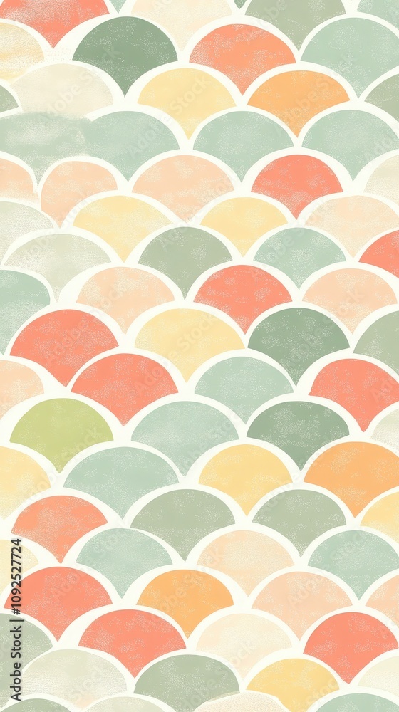 This design showcases a vibrant scallop pattern in soft pastels, with soothing colors like peach, mint green, and coral. The repetitive curved shapes create a harmonious visual effect.