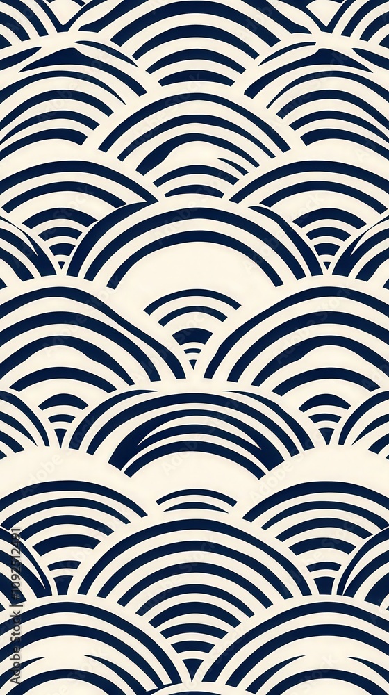 This design showcases an elegant repeating pattern of navy blue arcs against a cream backdrop, creating a dynamic visual reminiscent of ocean waves. Perfect for stylish interiors.
